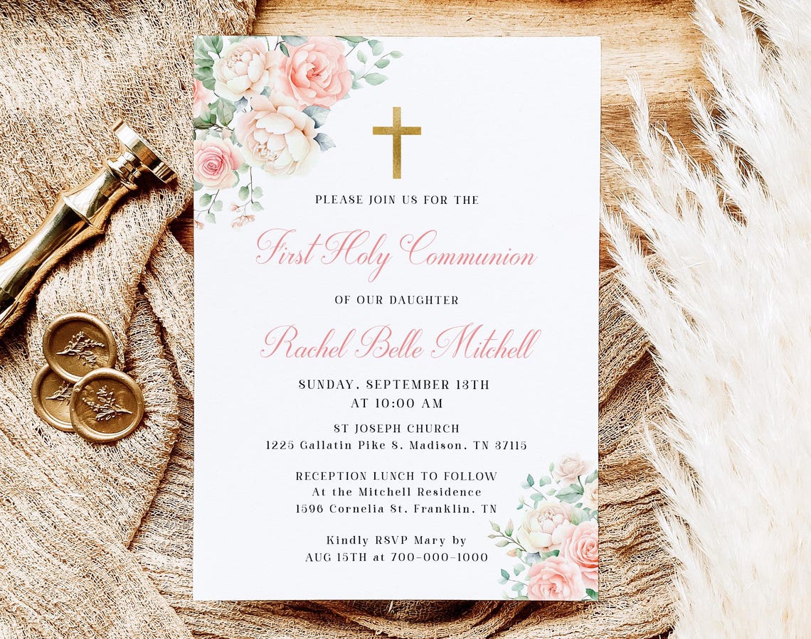 Blush Pink First Holy Communion Invitation Template Pink Floral ...