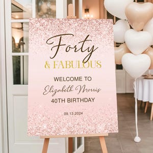 40th Birthday Welcome Sign Printable Rose Gold Forty and Fabulous Dinner Party Women Editable Digital Download