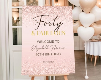 40th Birthday Welcome Sign Printable Rose Gold Forty and Fabulous Dinner Party Women Editable Digital Download