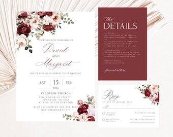 Burgundy Wedding Invitation Template, Boho Blush Pink Rose Wedding Invite Suite, Sage Marsala Floral Details Card, Plum Wedding Invitation