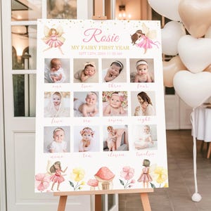 Puede incluir: Un póster de hitos blanco titulado My Fairy First Year para Rosie, que presenta doce fotografías cuadradas de un bebé, ilustraciones de hadas y un gráfico de setas. El texto incluye el nombre Rosie, la fecha 13 de sept de 2024 y 11:30 AM.