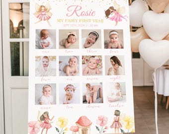 Feeën-foto mijlpaalbord voor de eerste verjaardag, bewerkbare postersjabloon voor het eerste jaar van de baby, Feeën-fotocollagebord voor de eerste verjaardag (12 maanden)