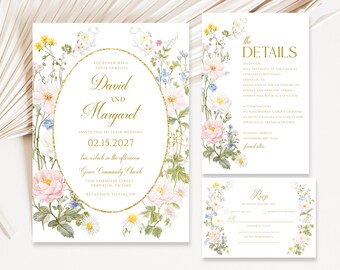 Wildflower Wedding Invitation: Garden Flowers Spring Floral, Digital Download, 5x7 Editable Template, Blush Pink Wedding Invitation