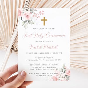 Blush Pink First Holy Communion Invitation Template Pink Floral Communion Invite, Girl Communion Invite, Editable First Communion Invitation