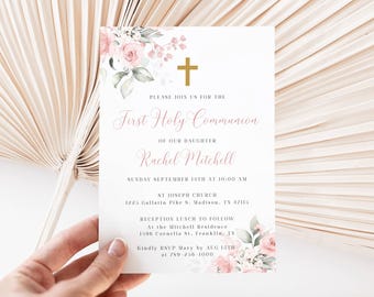 Blush Pink First Holy Communion Invitation Template Pink Floral Communion Invite, Girl Communion Invite, Editable First Communion Invitation