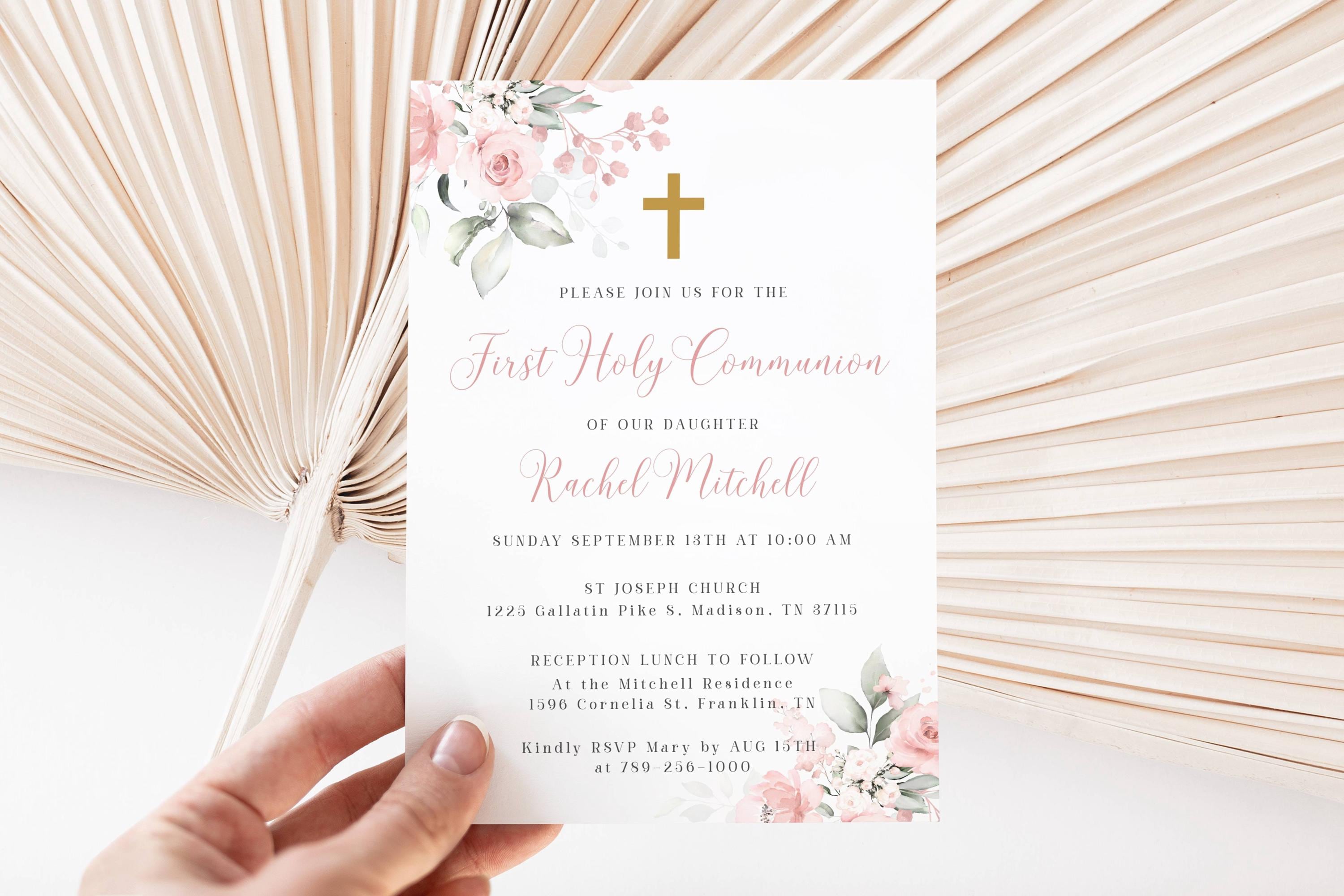 Blush Pink First Holy Communion Invitation Template Pink Floral ...