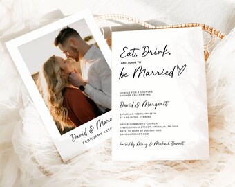 Paare Dusche Einladung Vorlage, druckbare moderne Hochzeit Brautdusche einladen, Essen trinken & verheiratet sein, bearbeitbare einladen, sofortiger Download