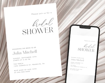 Minimal Bridal Shower Invitation, Modern Bridal Shower Invite, Black and White Bridal Shower, Editable Bridal Shower Template Minimalist