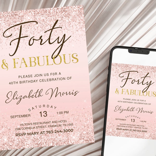 40th Birthday Invitation Printable Rose Gold Forty and Fabulous Dinner Party Invite for Ladies Editable Digital Download