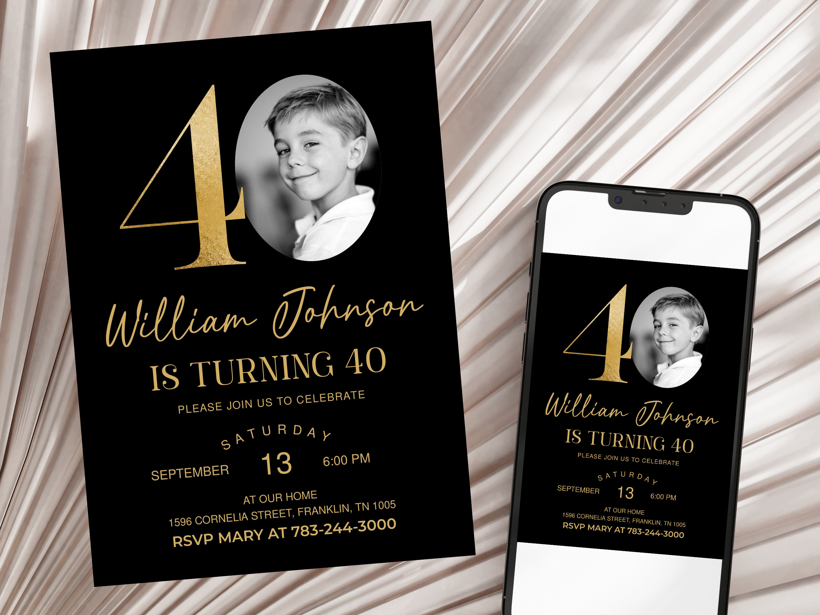 40th Invitation with photo, Look Who's 40, Black Gold 40th Birthday Invitation Template, Simple 40th Invitation, Male 40th Invites, Editable