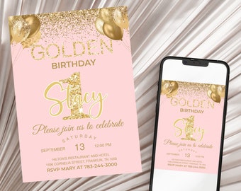 Golden Birthday invitation Pink Gold glitter birthday invitation Golden birthday invite for girl 1st birthday invitation