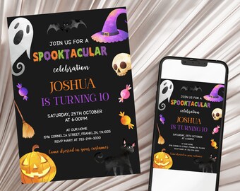 May include: A black and purple Halloween party invitation with a ghost, bats, a witch's hat, a skull, candy, a broom, a black cat, and a jack-o'-lantern. The invitation says "Join us for a Spooktacular celebration Joshua is turning 10 Saturday, 25th October at 6:00PM at our home 1546 Cornelia Street, Franklin, TN 1005 RSVP Mary at 783-244-3000 Come dressed in your costumes".