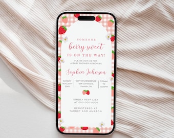 Editable Strawberry Baby Shower Electronic Invite, Berry Sweet Baby Shower E-vite, Digital Strawberry Invitation, Text Message