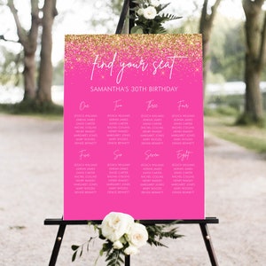 Editable Hot Pink Birthday Seating Chart Template, Ladies Dinner Party Welcome Poster Sign, Printable, 30th Sign
