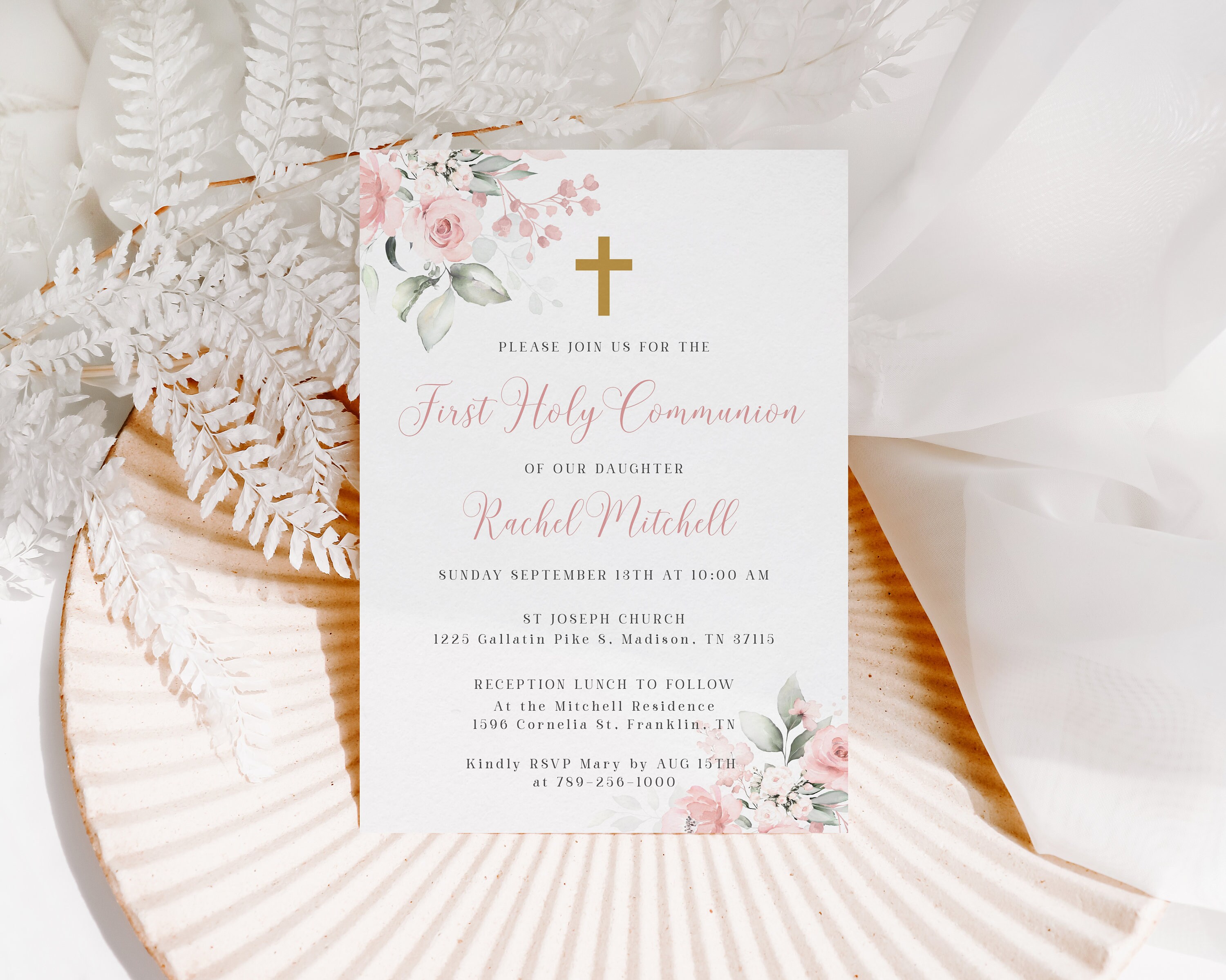 Blush Pink First Holy Communion Invitation Template Pink Floral ...