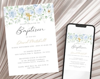 Modern Christening Invitation, Boy Baptism Invitation Template, Blue Christening Invite Template, Floral Boys Blue Gold