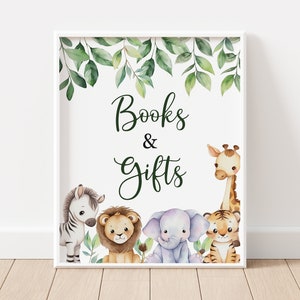Dschungel Baby Shower Bücher und Geschenke Zeichen Safari Tiere Baby Shower Geschenke Tisch Zeichen Safari Printable Zeichen Grün Dekoration Vorlage