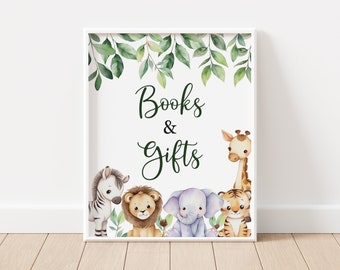 Letrero de libros y regalos para Baby Shower de la jungla Animales de Safari Regalos para Baby Shower Letrero de mesa Letrero imprimible de Safari Plantilla de decoración con vegetación