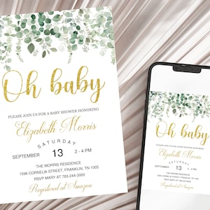 Editable Oh Baby Shower Invitation, Greenery Baby Shower Invite, Printable Baby Shower, Eucalyptus Gender Neutral Invite, Green Gold