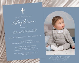 Blue Baptism Invitation Boy, Dusty Blue Baptism Invitation Template, Modern, Editable, Christening, Instant Download, Minimalist Baptism