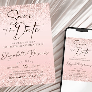 Guarde la fecha Plantilla de invitación de cumpleaños número 16 editable con brillo de oro rosa, Dulces dieciséis, Invitación imprimible, Descarga instantánea