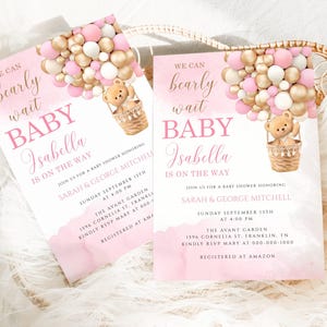 Redigerbar nallebjörn med luftballong, babyshowerinbjudan, flicka, rosa nallebjörn, babyshower, vi kan vänta, dusch, direktnedladdning bild 3