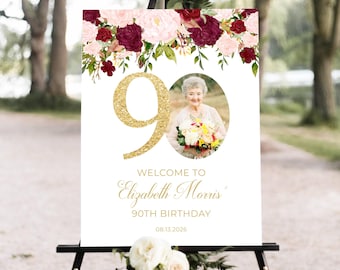 Cartello di benvenuto floreale per il 90° compleanno, cartello di benvenuto floreale rosa bordeaux per il 90° compleanno, cartello di benvenuto moderno per il 90° compleanno, poster per il 90° compleanno con foto, poster di benvenuto per il compleanno