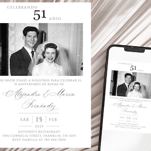 Convite de aniversário de 50 anos de casamento, modelo de convite com foto de aniversário de ouro elegante espanhol, editável, com foto