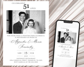 50th Wedding Anniversary Invitation, Spanish Elegant Golden Anniversary Photo Invitation Template, Editable, with Photo