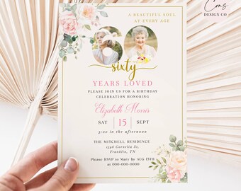 60th Birthday Invitation Printable Blush Pink Sixty Floral Dinner Party Invite for Ladies Editable Digital Download 60th invitation