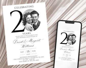 20th Wedding Anniversary Invitation, 20th Anniversary Photo Invitation Template, Editable, with Photo