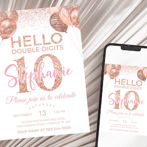 Rose Gold Glitter 10th Birthday Invitation, Editable Birthday Invite Birthday Party Double Digits