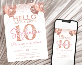 Rose Gold Glitter 10th Birthday Invitation, Editable Birthday Invite Birthday Party Double Digits