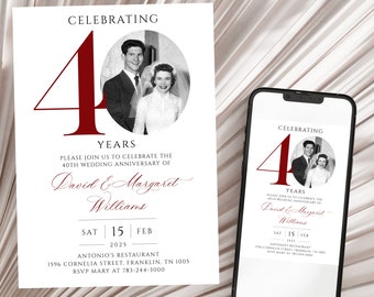 40th Wedding Anniversary Invitation, Burgundy Ruby Wedding Anniversary Photo Invitation Template, Editable, with Photo