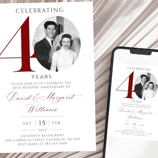 40th Wedding Anniversary Invitation, Burgundy Ruby Wedding Anniversary Photo Invitation Template, Editable, with Photo