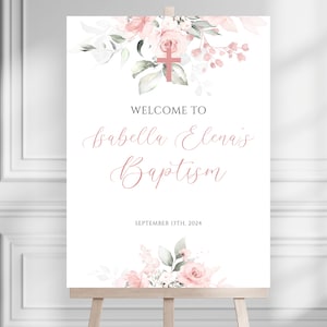 Pink Floral Baptism Welcome Sign, Editable Baptism Welcome Sign, Pink Watercolor Baptism Welcome Sign