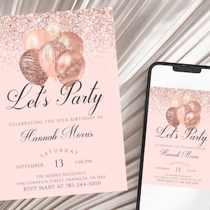 Palloncini invito compleanno donne stampabili Let's Party Invite modello modificabile Download in oro rosa, 30° 40°