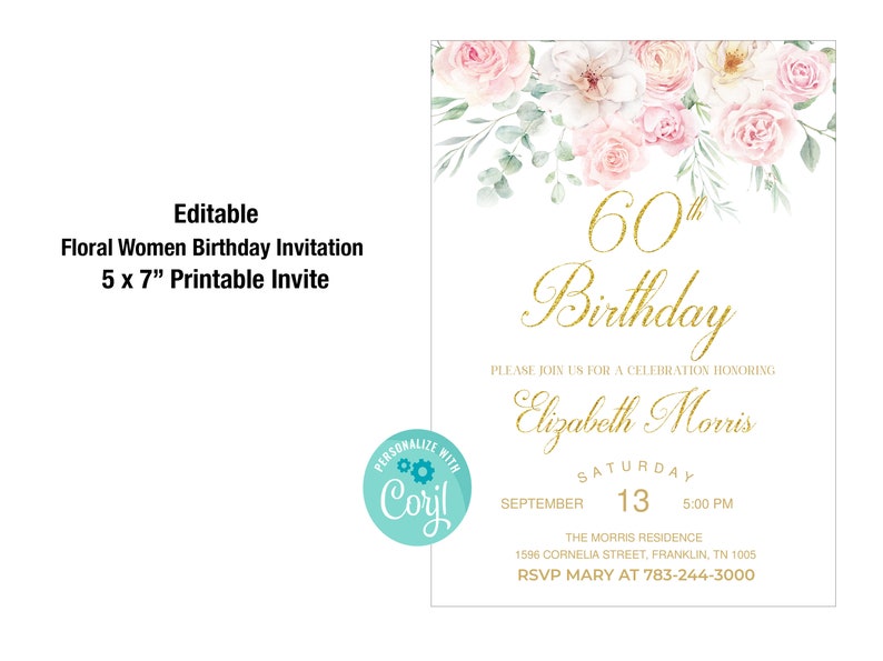 Editable 60th Birthday Invitation Women Floral Birthday - Etsy