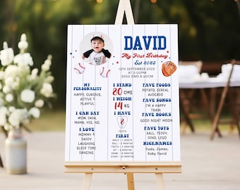 Póster de primer cumpleaños de béisbol, póster de hito de cumpleaños de béisbol, póster de béisbol rojo, blanco y azul, descarga instantánea editable