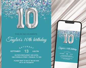 Teal and Silver Holo Glitter 10th Birthday Invitation, Editable Birthday Invite