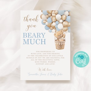 Bewerkbare beer dank u kaart, hete lucht ballon beer baby shower dank u kaart voor jongen, blauwe dank u kaart baby shower schattige ballonnen