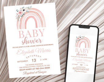 Editable Boho Rainbow Baby Shower Invitation Pink Floral Boho Rainbow Baby Shower Invite Printable Template Instant Download