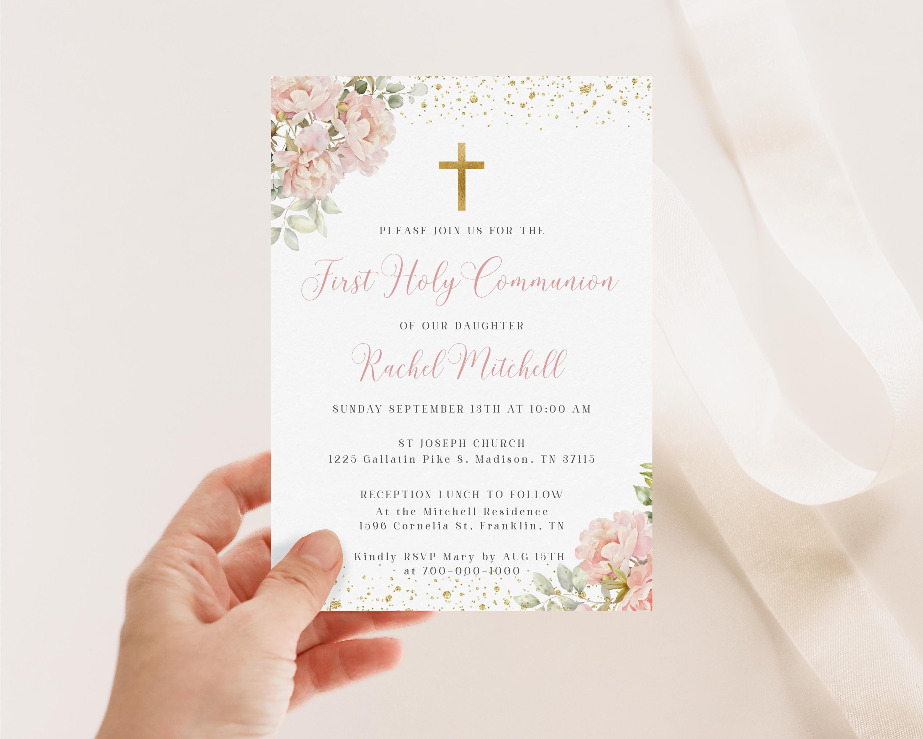 Blush Pink First Holy Communion Invitation Template Pink Floral ...