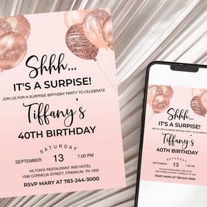 40th Birthday Invitation Printable, Rose Gold Glitter Surprise Party, Women Birthday Invitation, Editable 50th 30th, Instant Download