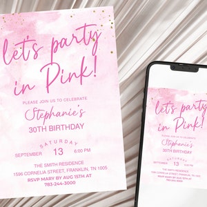 Editable Lets Party in Pink Invitation Printable Watercolor Pink Ladies Birthday Invite Template