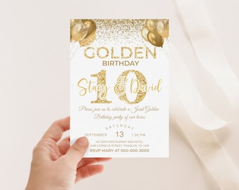 Golden Birthday Invitation Gold glitter birthday invitation Golden birthday invite for Twins 10th birthday invitation