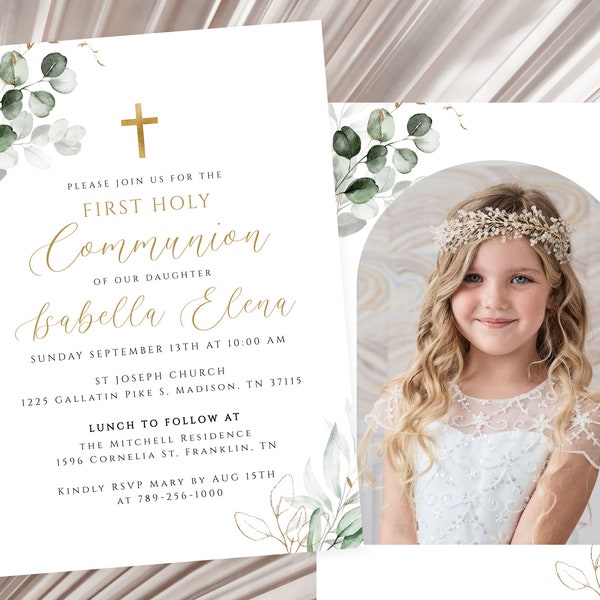 Greenery First Holy Communion Invitation Template, Green & Gold Communion Invitation, Editable Communion Invitation, Girl Communion Invite