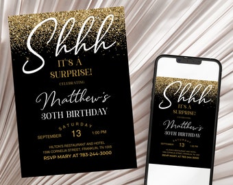Könnte beinhalten: Schwarze und goldene Glitzer-Geburtstagseinladung mit dem Text "Shhh Es ist eine Überraschung! Feiern von Matthews 30. Geburtstag" und Details zur Veranstaltung. Die Einladung wird auf einem Smartphone-Bildschirm angezeigt.