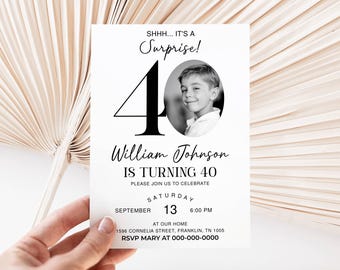 40th Surprise Birthday Invitation with photo, Look Who's 40, 40th Birthday Invitation Template, 40th Invitation, Male 40th Invite, Editable