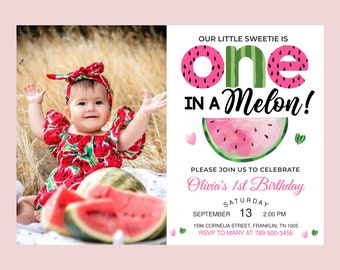 Editable Watermelon Invitation, Birthday Invitations, Pink Watermelon Party, One in a Melon, 1st Birthday Instant download Printable